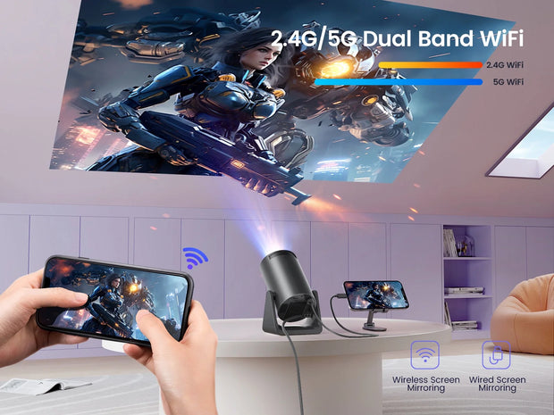 [Auto Keystone Correction] Mini Projector with Wifi Bluetooth, 4K Support, 270° Rotation, 300 ANSI Portable Projector with Android TV, Home Theater Projector for Ios/Android/Tv Stick