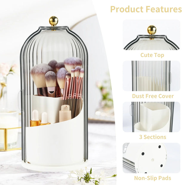 Makeup Brush Holder Organizer with Lid,360 Rotating Clear Dust Proof Makeup Brushes Organizer for Vanity Desktop Bathroom Countertop