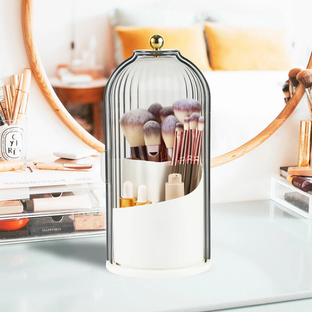 Makeup Brush Holder Organizer with Lid,360 Rotating Clear Dust Proof Makeup Brushes Organizer for Vanity Desktop Bathroom Countertop
