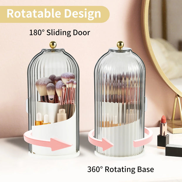 Makeup Brush Holder Organizer with Lid,360 Rotating Clear Dust Proof Makeup Brushes Organizer for Vanity Desktop Bathroom Countertop