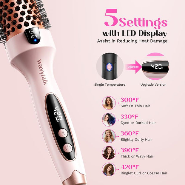 Wavytalk Blowout Boost Ionic Thermal Brush 1 1/2 Inch with LED Display, 300℉-420℉ for Different Hair Types, 120-240V Universal Voltage